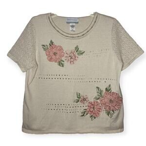 Alfred Dunner Beige Floral Rhinestone Knit Business Casual Grandmacore Size PL